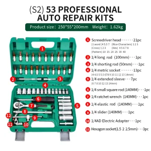 53Pcs Professional AUTO Repair Kits S2 Bits 1/4 Ratchet Wrench Set Maintenance Toolbox